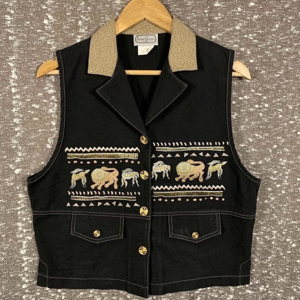 Vintage Saint Germain Embroidered Animals Button Up Vest Boho Women's‎ Small